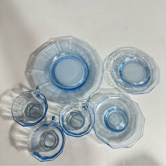 Cambridge Vintage Glass DECAGON Moonlight Blue Cups, Saucers & Plates Set 12 - Picture 6 of 16